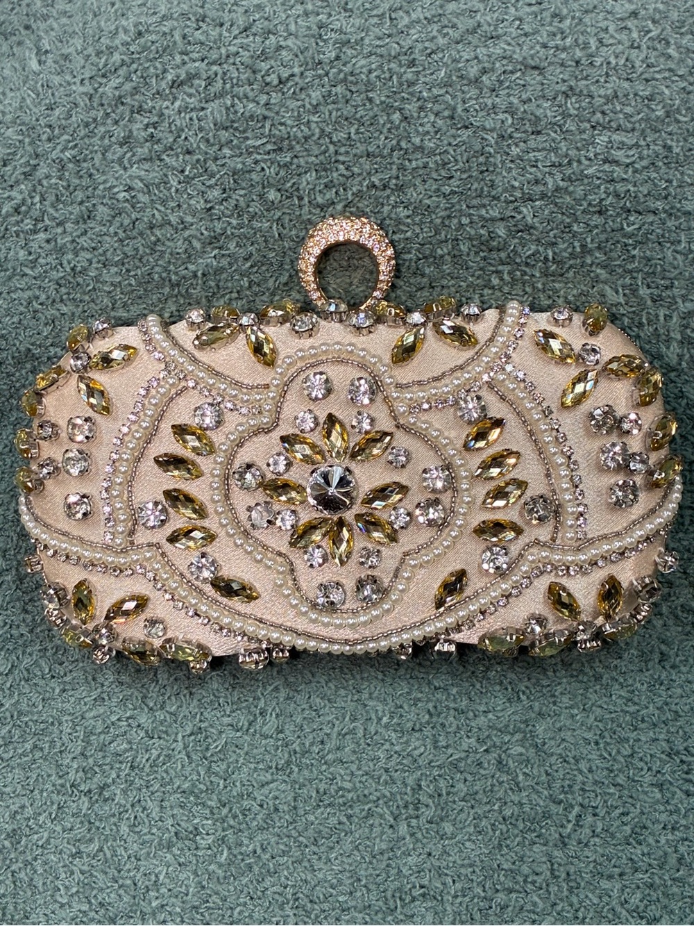 Embellished Ivory Beaded Evening Clutch with Gold Crystal Accents